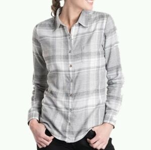 KÜHL Kamila Flannel Shirt Women’s Medium Gray White Plaid Button Up Long Sleeve